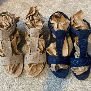 New York Transit Women’s Sz 9M Rhinestone/Gem Sandals Summer Causal Beige & Navy